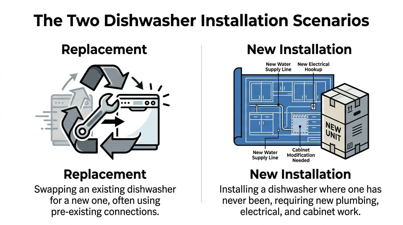 A diagram comparing dishwasher replacement with pre-existing connections versus a new dishwasher installation requiring major modifications.