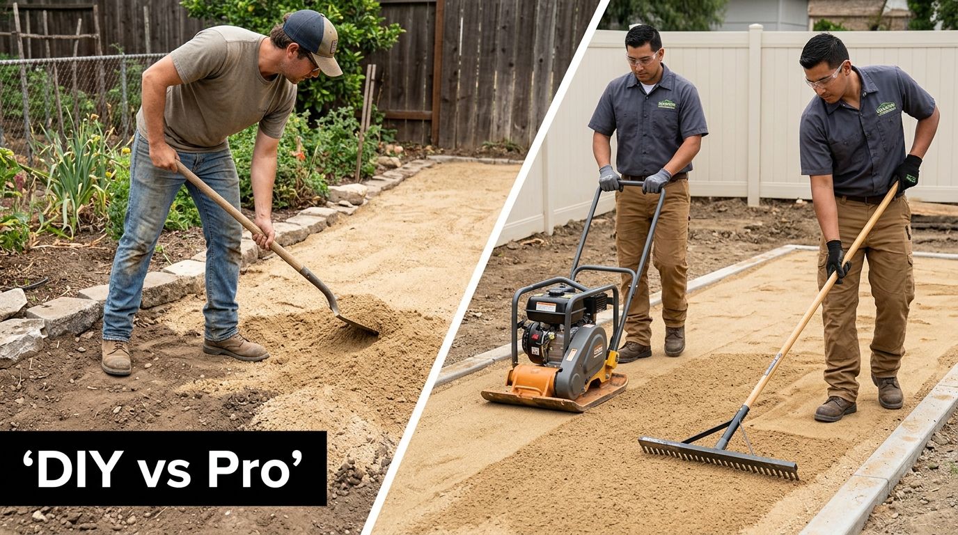 A split image showing a DIY homeowner with a shovel and professionals using a plate compactor and rake.