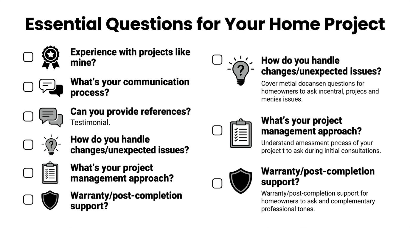 A checklist infographic titled Essential Questions for Your Home Project, listing important questions to ask contractors.