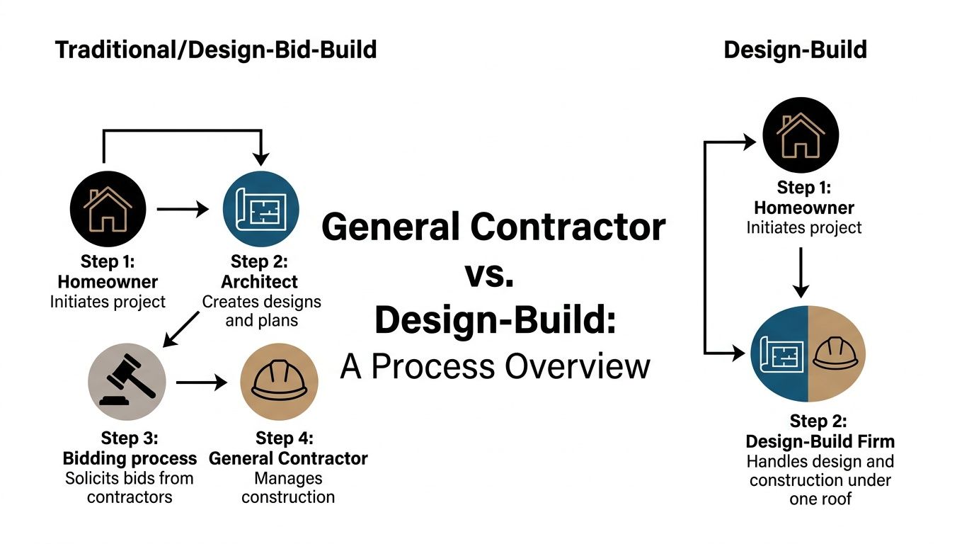 A comparison infographic showing the workflow differences between the traditional design-bid-build process and the design-build project delivery method.