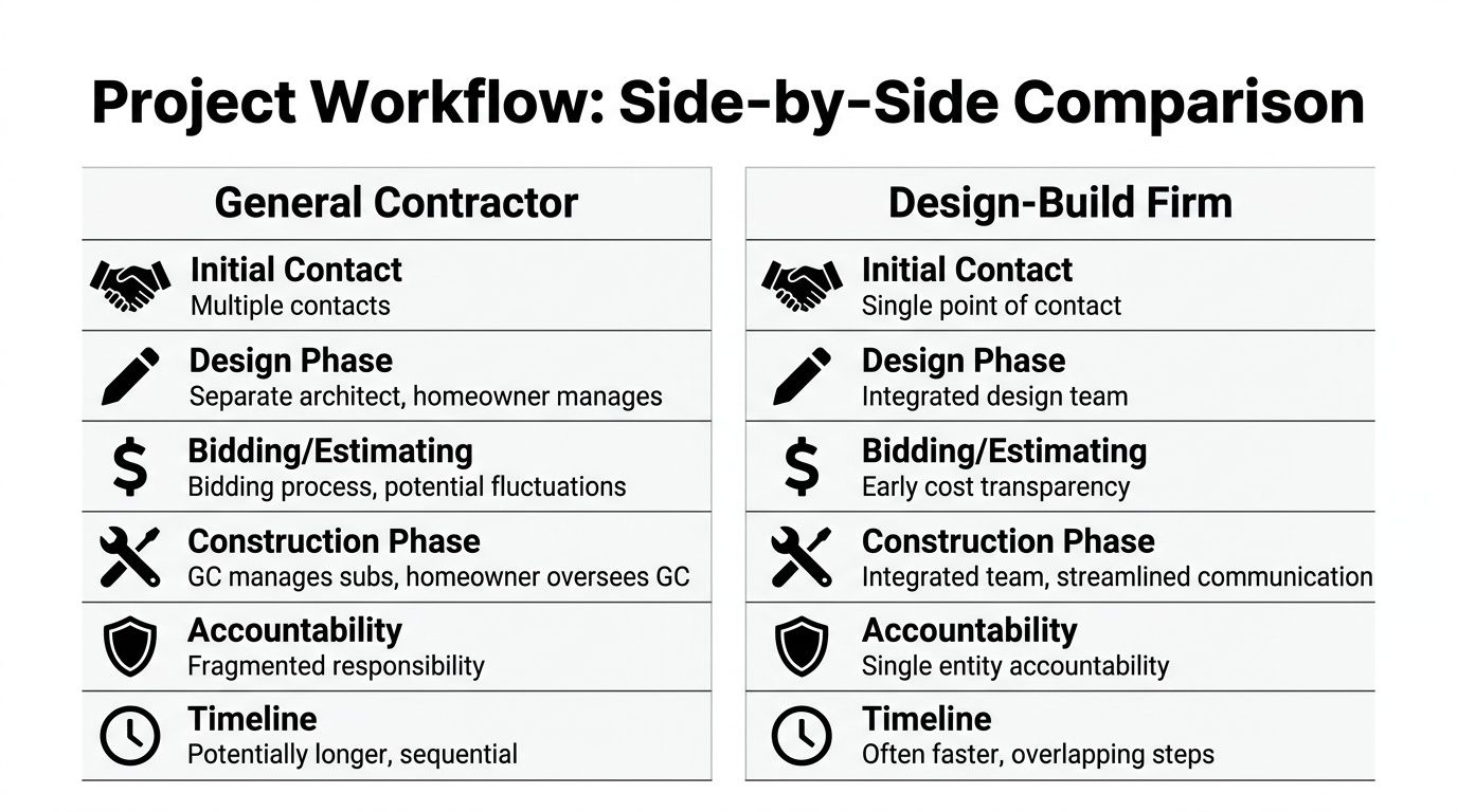 A comparison chart outlining the key differences between hiring a general contractor and a design-build firm for projects.