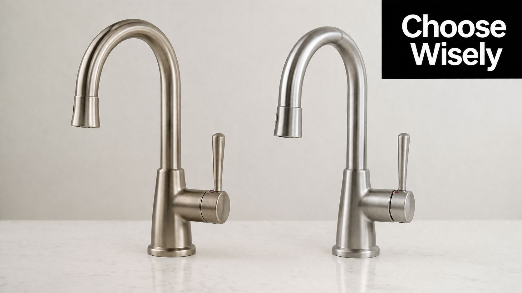 A comparison showing two kitchen faucets in brushed nickel and satin nickel finishes on a marble countertop.