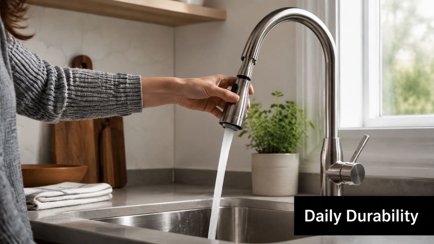 A person holding a stainless steel pull-down kitchen faucet with water running into the sink.