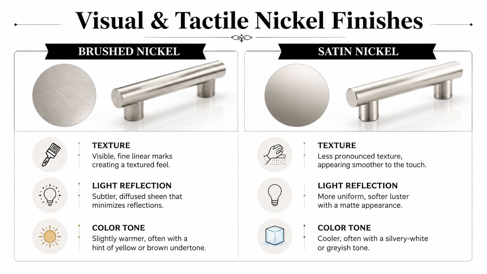 A comparison chart highlighting the visual and tactile differences between brushed nickel and satin nickel hardware finishes.