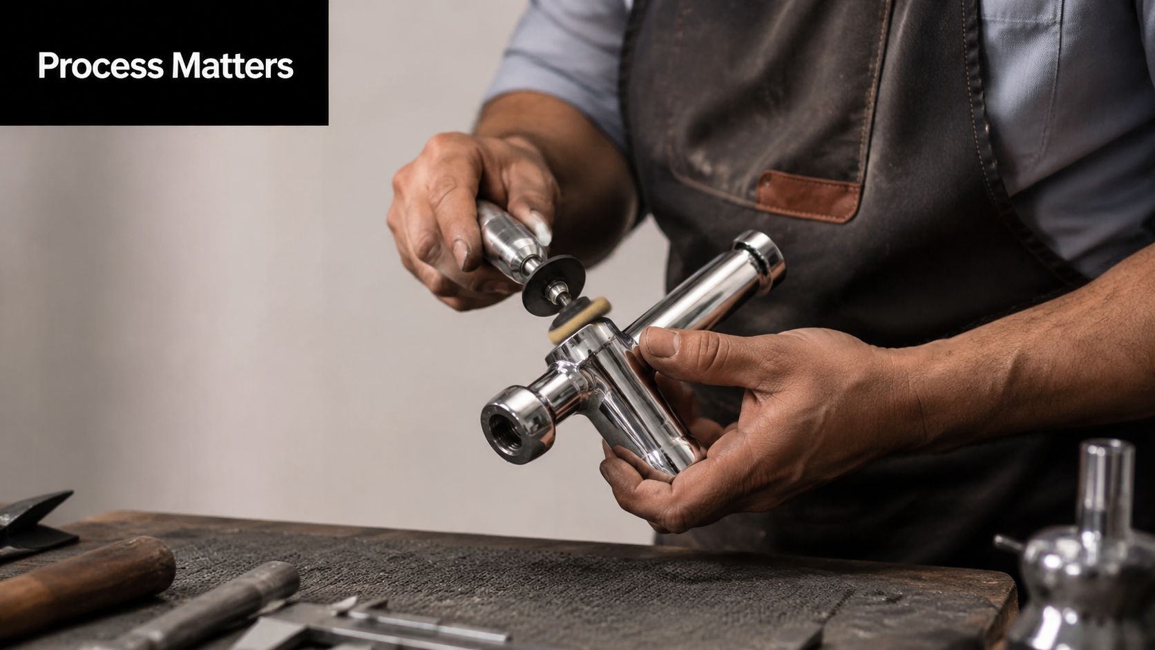A craftsman polishing a shiny metal plumbing fixture in a workshop to refine the product surface quality.