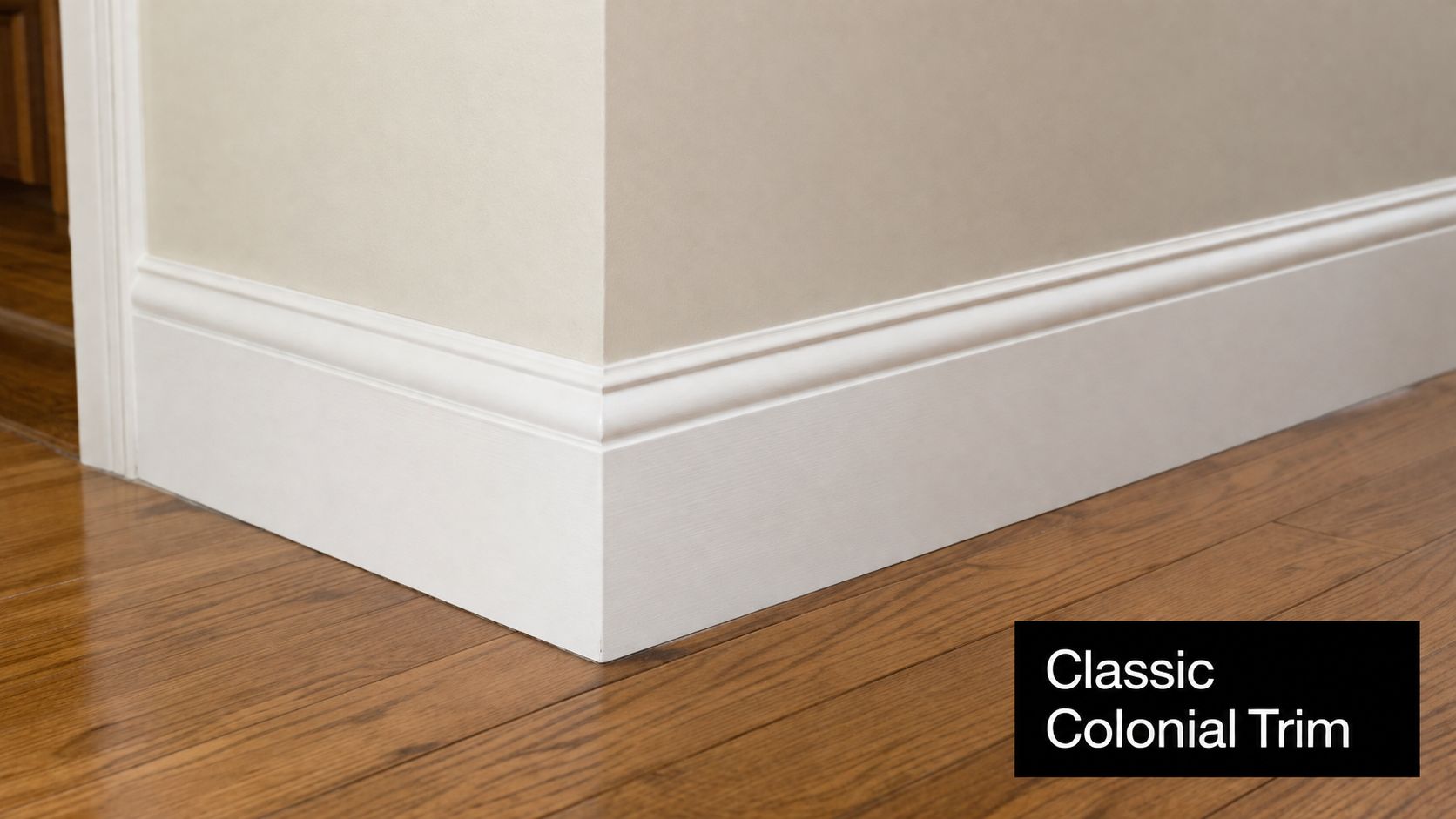 A close-up view of white classic colonial baseboard trim installed against beige walls and hardwood flooring.
