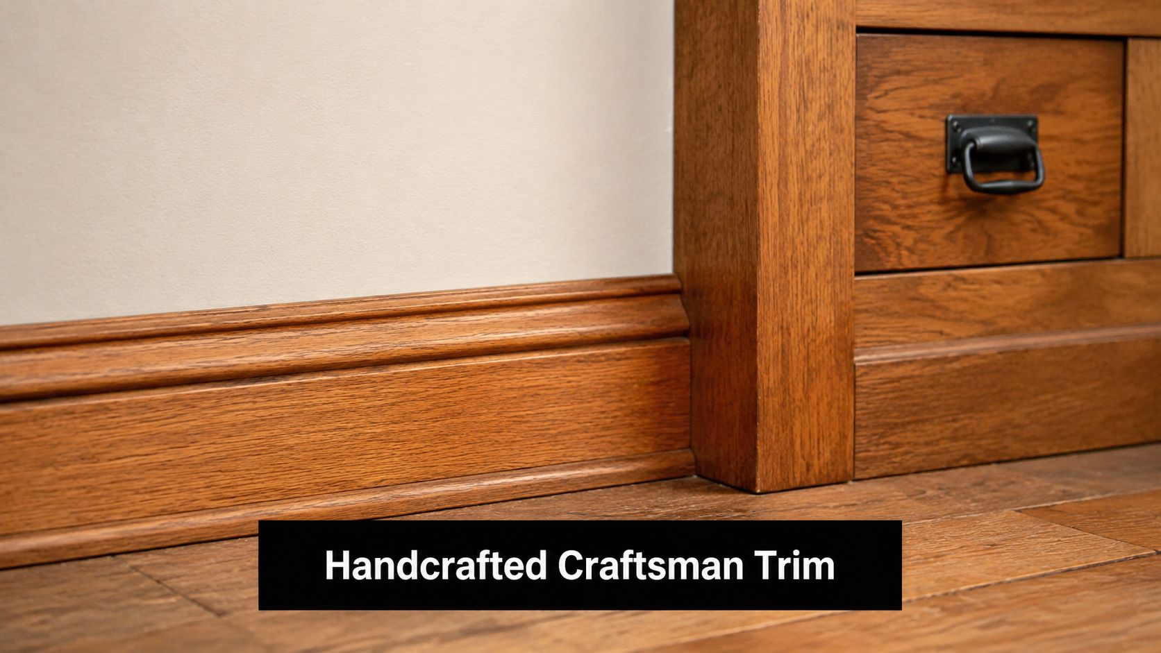 A close-up view of handcrafted wooden craftsman-style baseboard molding and a matching furniture cabinet base.