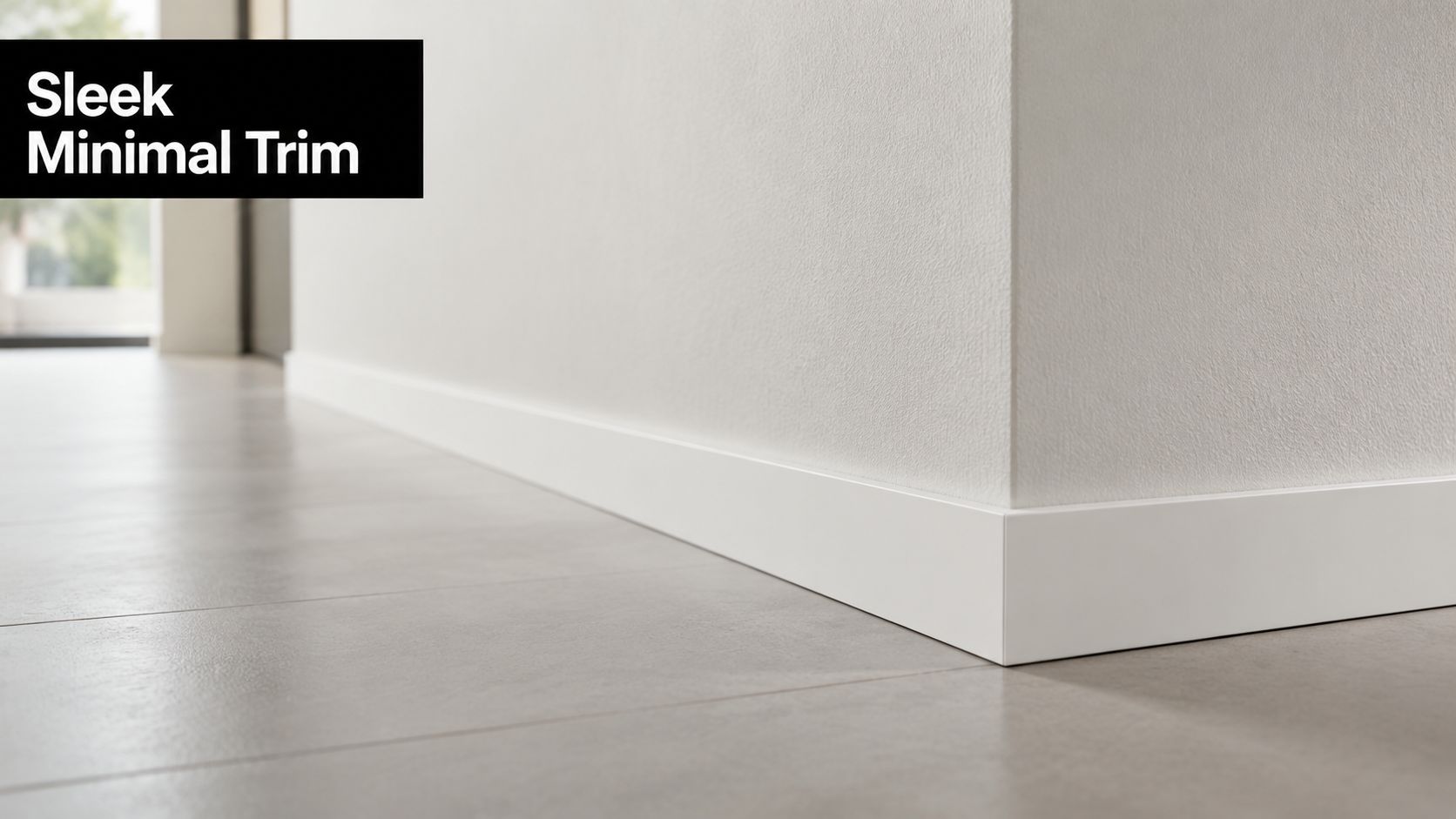 A close-up view of a sleek, white minimal baseboard molding installed on a clean, modern wall corner.
