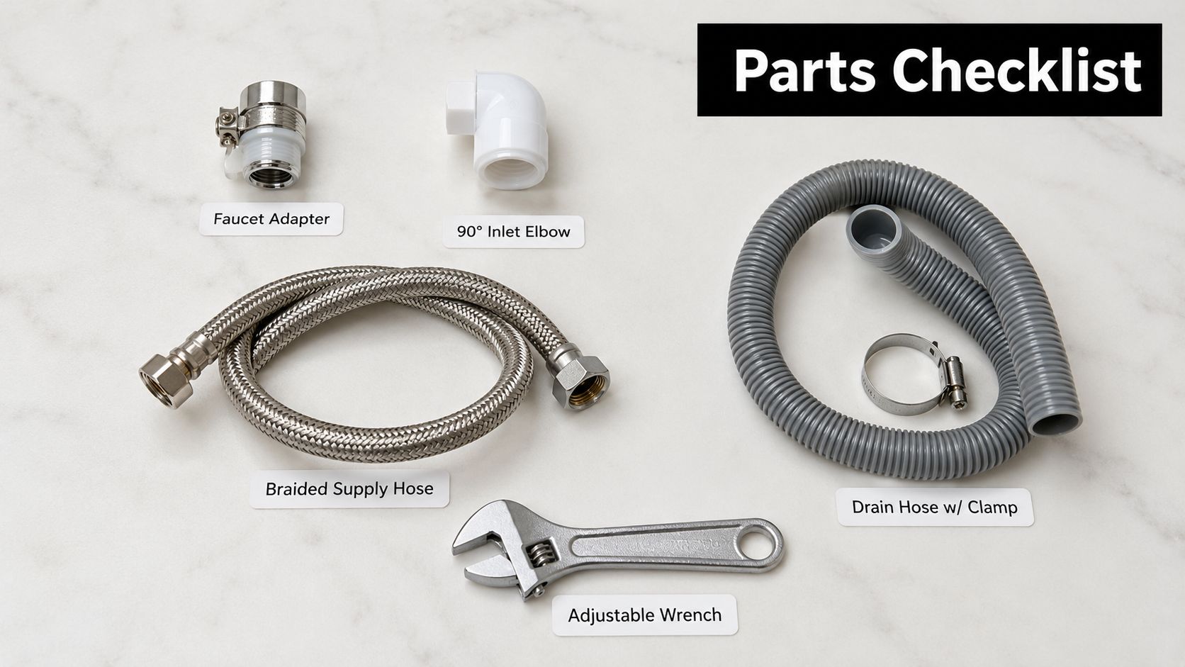 A parts checklist display for a portable dishwasher that hooks up to a sink on marble countertop.