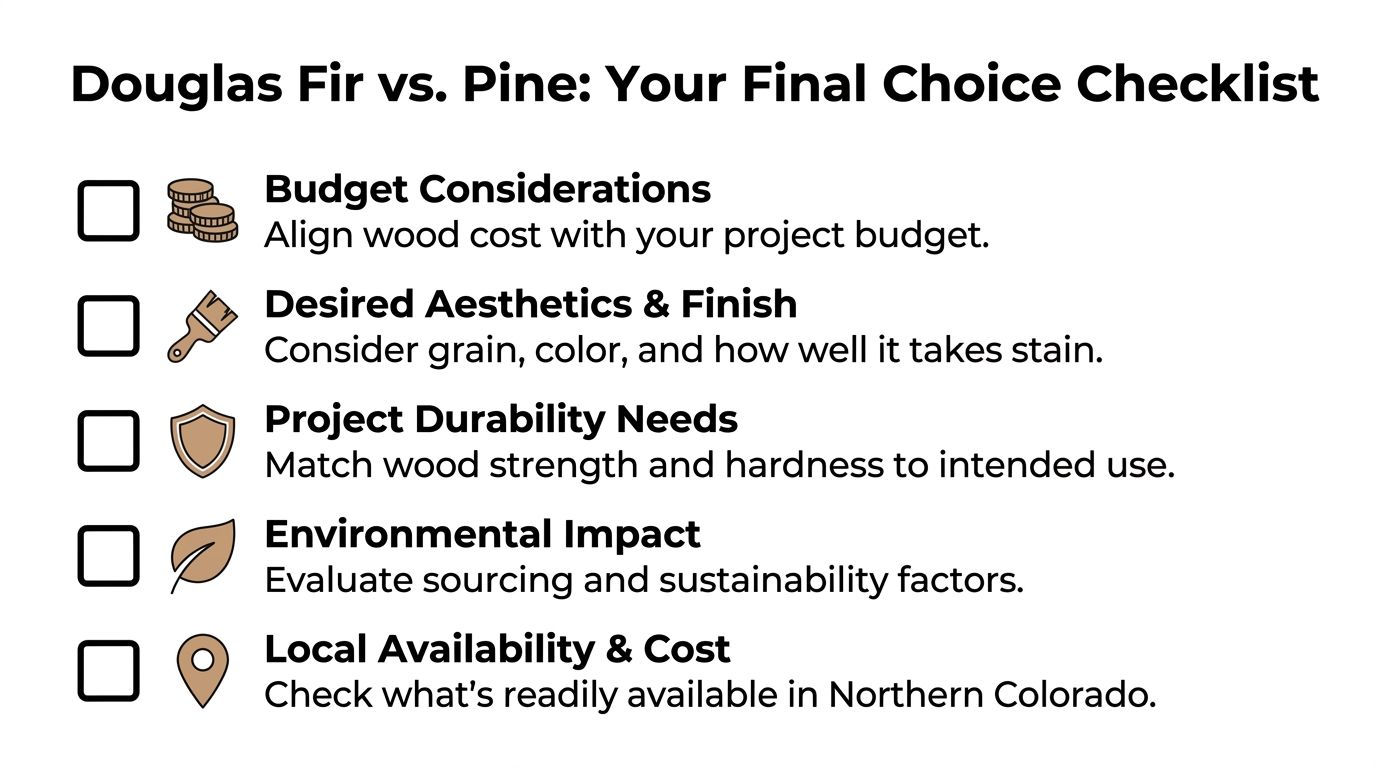 A checklist comparing Douglas Fir and Pine based on budget, aesthetics, durability, environment, and availability.