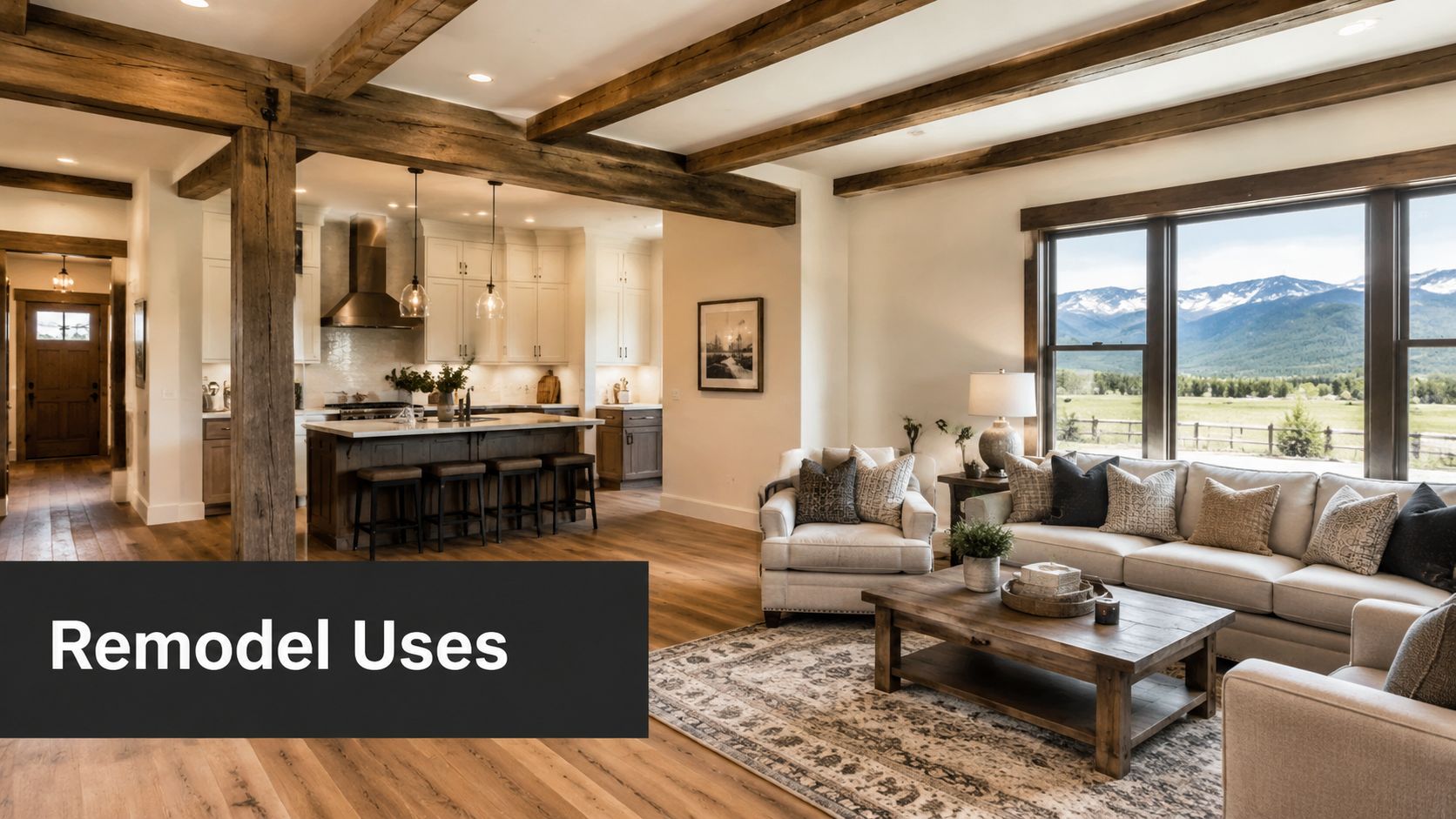 A modern rustic open-concept home interior featuring exposed timber beams, wood flooring, and mountain view windows.