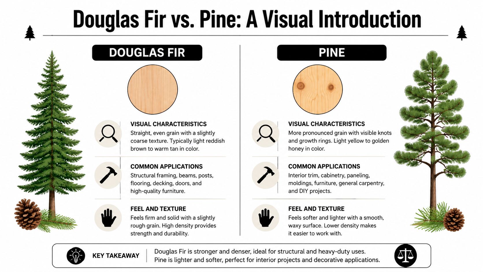 A comparison infographic detailing the visual characteristics, applications, and texture differences between Douglas Fir and Pine lumber.