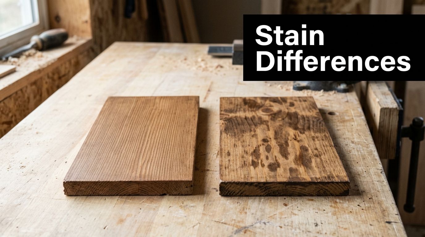 Two pieces of wood displaying different wood stain results side by side on a workbench.