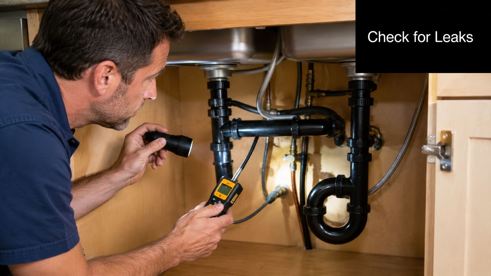 A professional plumber inspecting pipes under a kitchen sink using a flashlight and a gas detector.