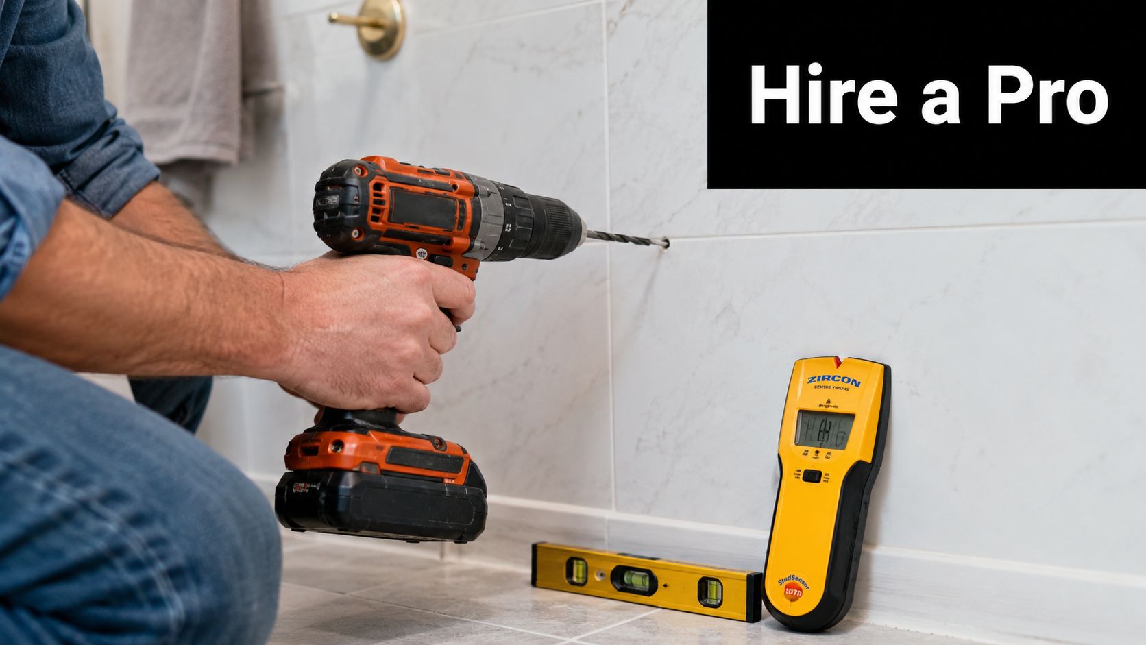 A professional construction worker uses a power drill to install a heated towel rack on tiled wall.