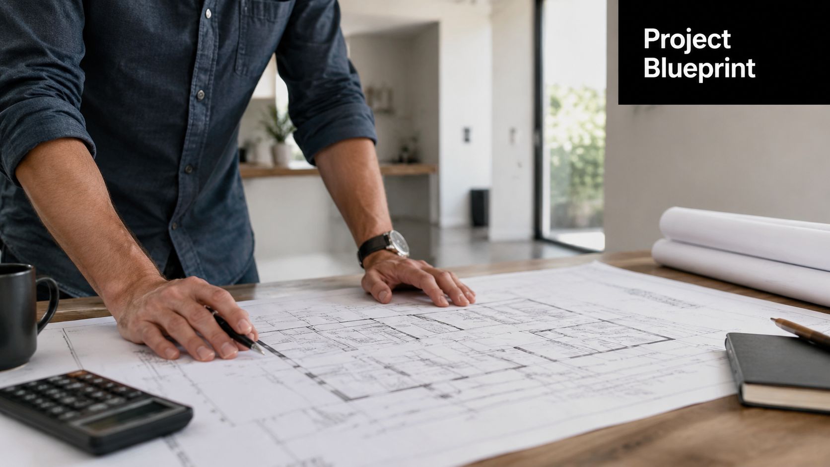 A man in a blue shirt reviewing floor plans for a home renovation project on a wooden desk.
