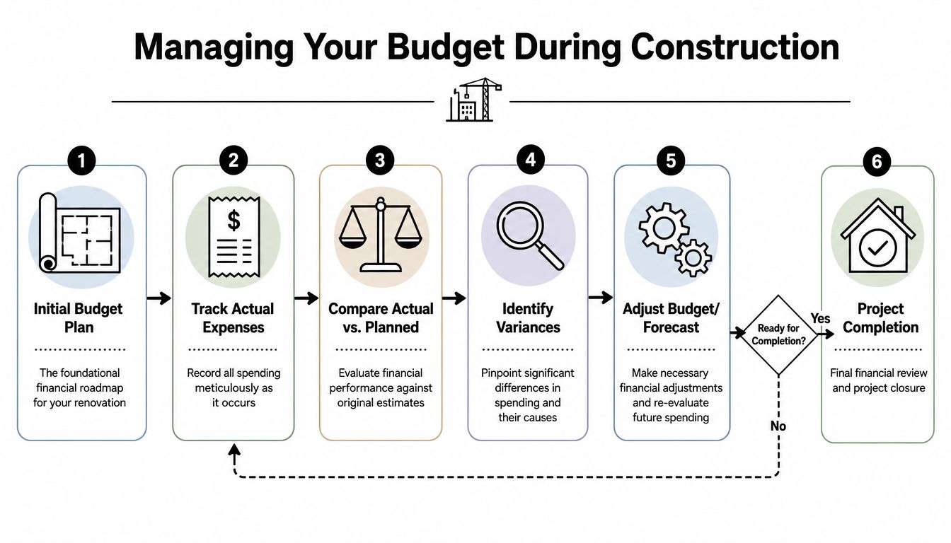 A six-step infographic illustrating the process of managing a home renovation budget during construction.