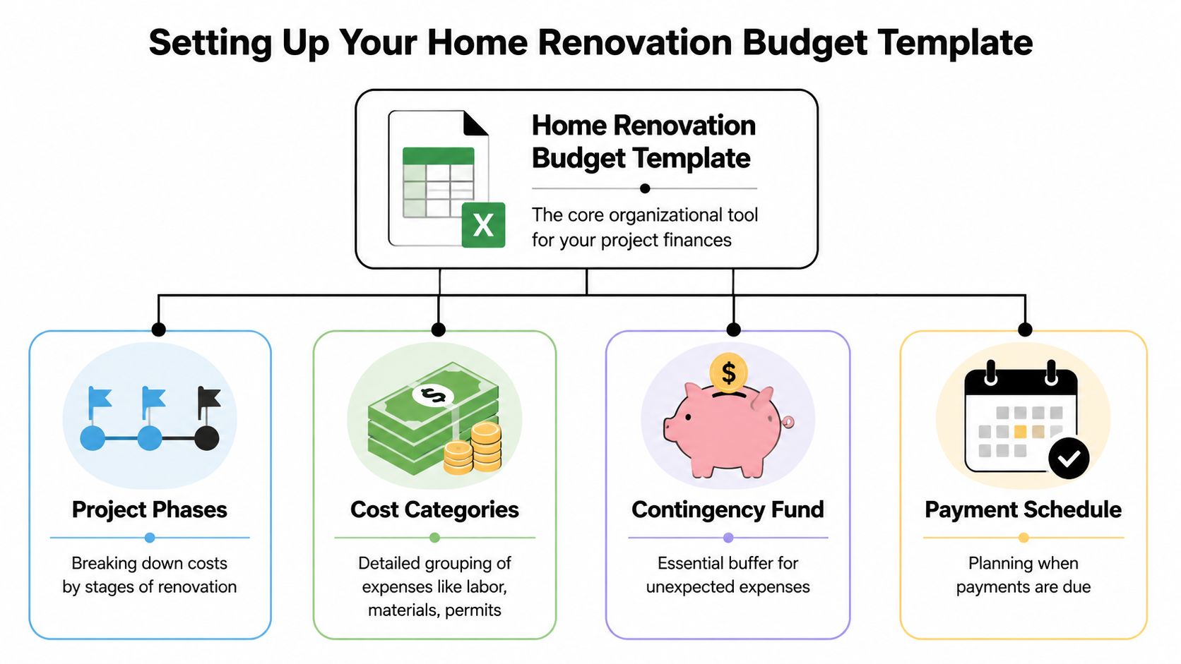 A diagram outlining the key components of a home renovation budget template for organized project planning.
