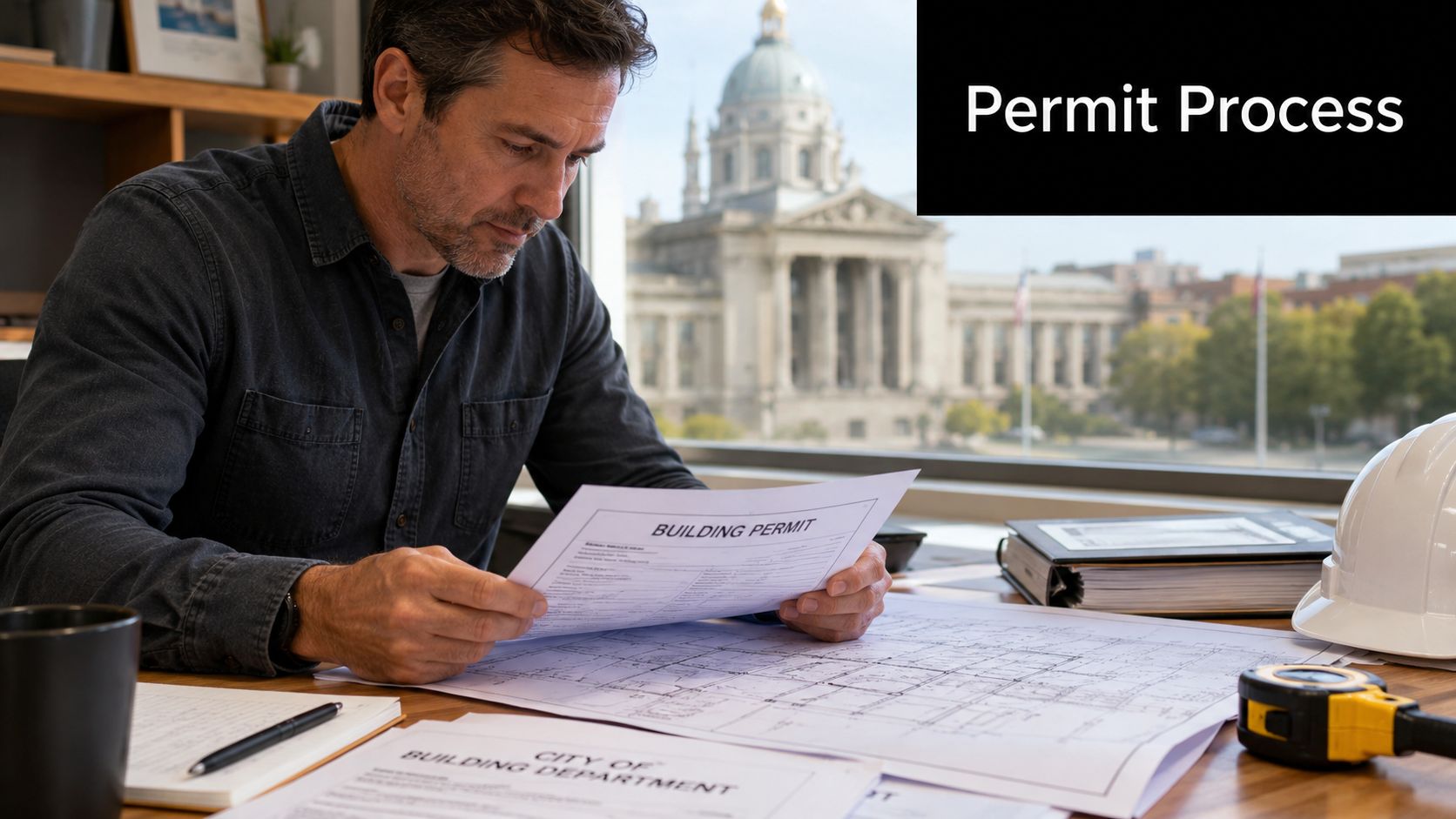 A professional man reviewing building permit documents at a desk with blueprints and a construction helmet.