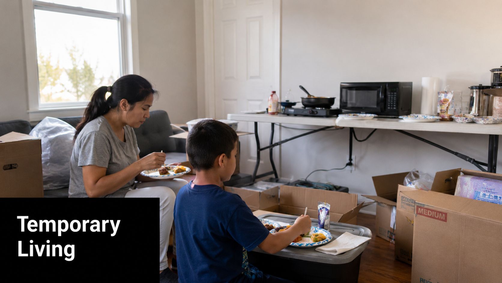 A mother and her young son eating a meal in a room filled with cardboard moving boxes.