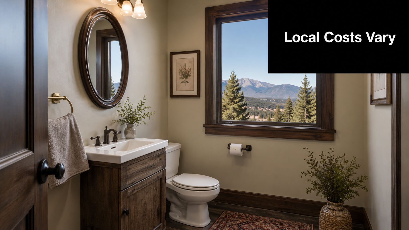 A rustic powder room featuring a wooden vanity, a round mirror, and a scenic mountain view.