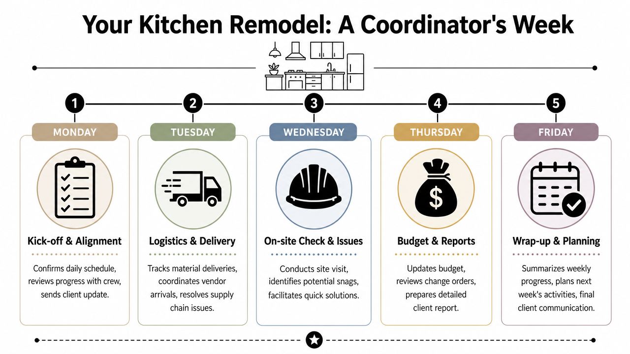 A weekly schedule infographic outlining the daily responsibilities of a kitchen remodel project coordinator.
