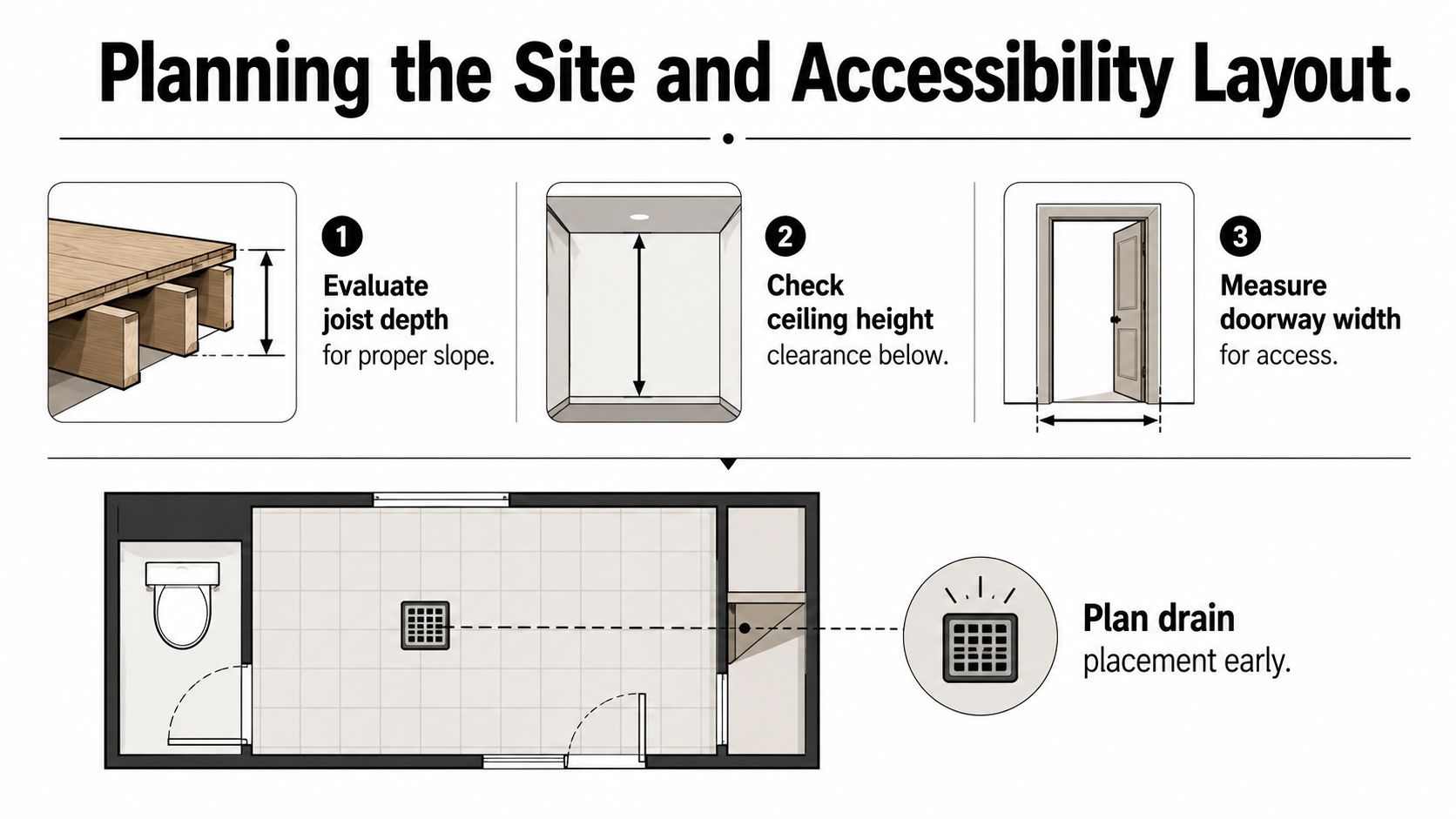 A diagram illustrating the essential planning steps for installing a zero entry shower, including measurements and layout.