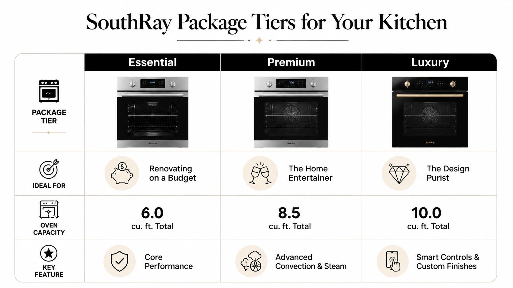 A comparison chart of SouthRay kitchen appliance packages showing Essential, Premium, and Luxury oven tiers and features.