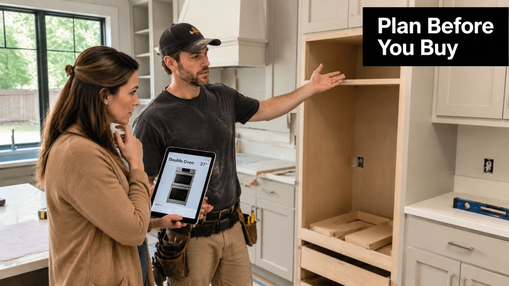 A contractor uses a tablet to discuss kitchen design with a woman near a double oven cabinet.