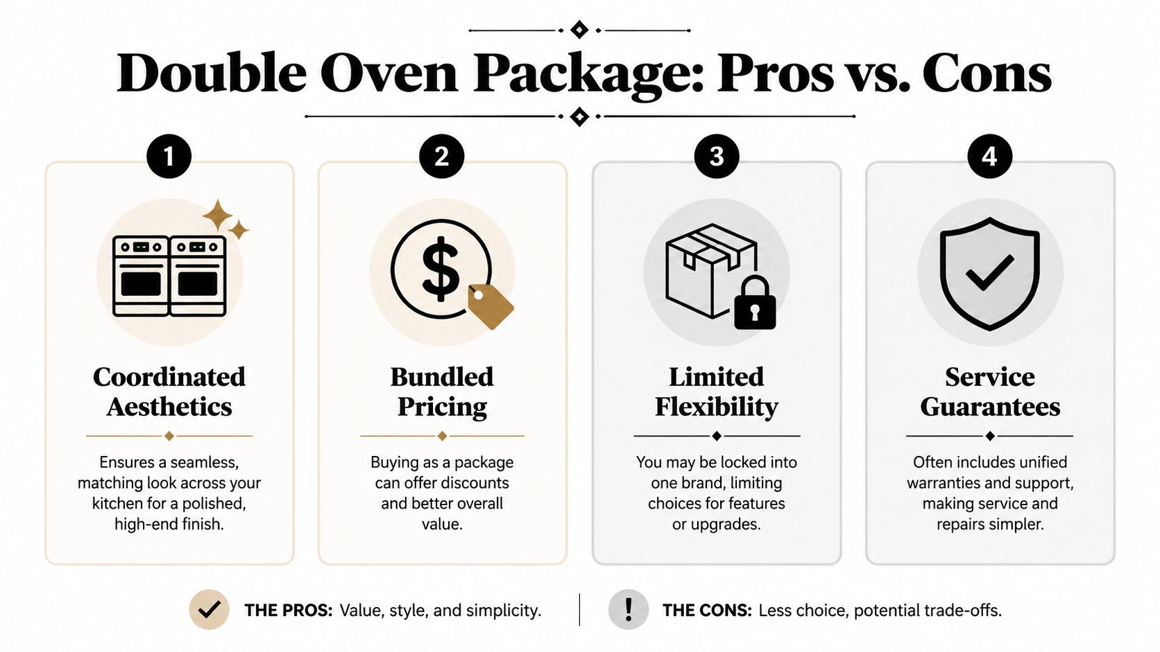 An infographic titled Double Oven Package Pros vs Cons showing benefits and drawbacks of kitchen appliance bundles.