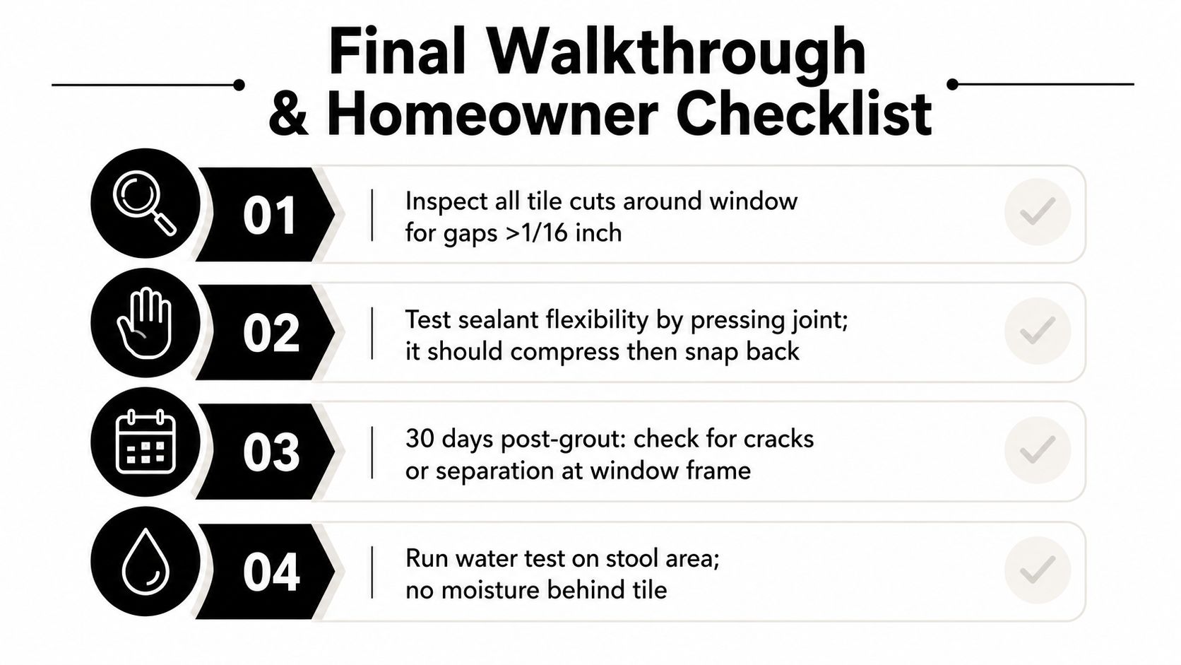 A checklist for a final home walkthrough focusing on backsplash tile installation around a window frame.