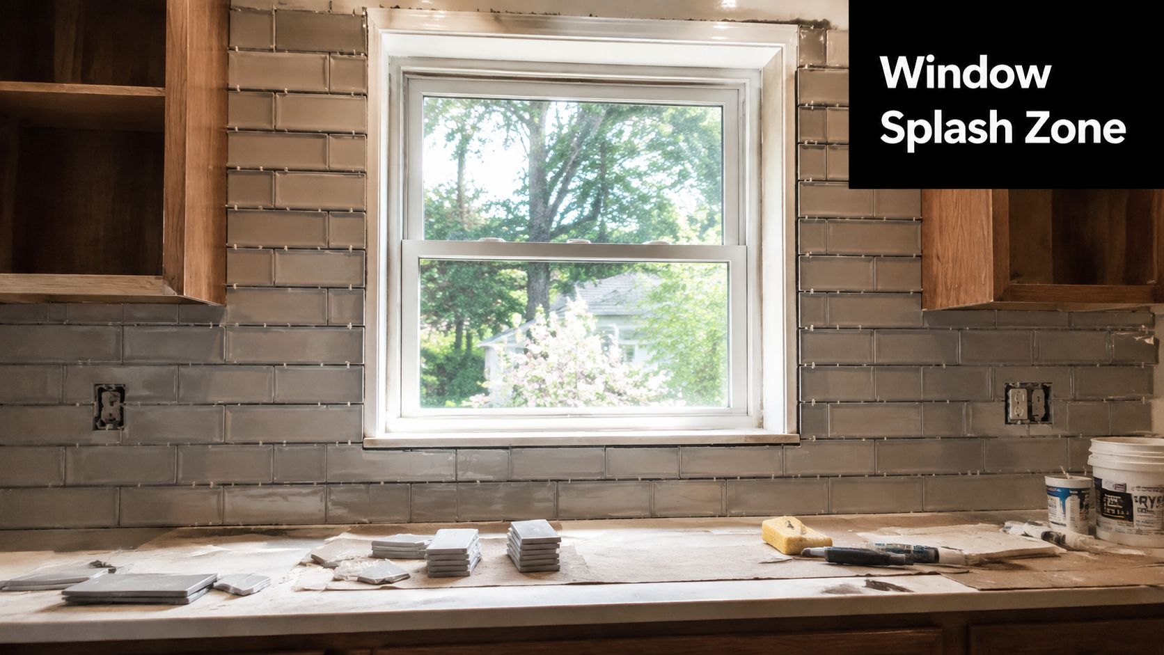 A kitchen under construction showing new subway tiles installed on the wall around a window