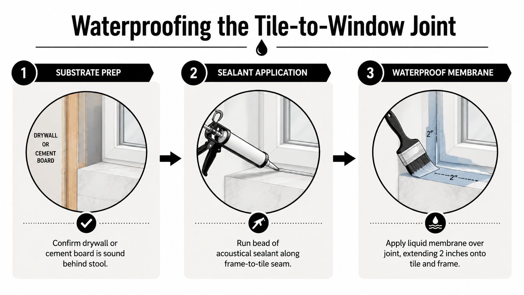 A three-step infographic illustrating the professional method for waterproofing a tile-to-window joint using sealant and membrane.