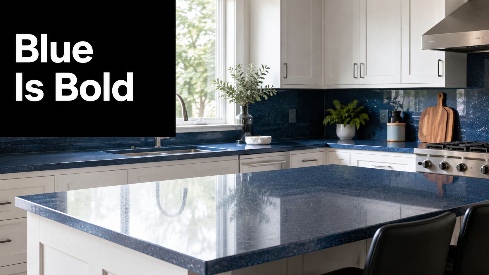 A modern white kitchen featuring bold deep blue granite countertops and a matching blue stone backsplash.