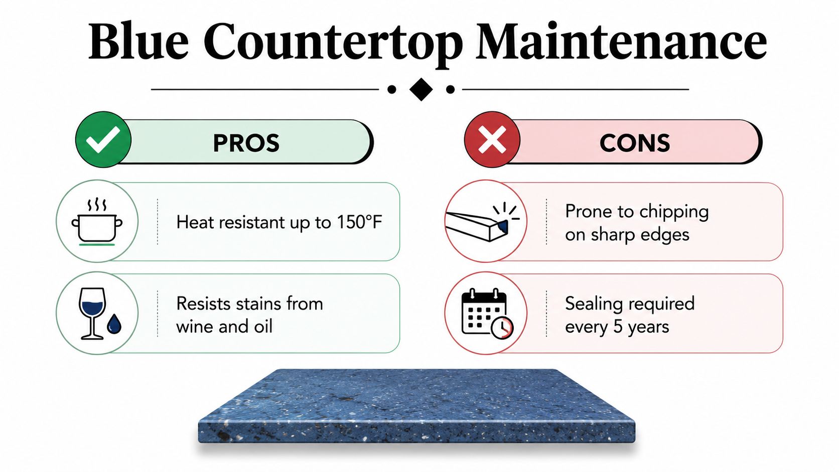 A visual guide summarizing the advantages and disadvantages of blue kitchen countertops with maintenance tips provided.