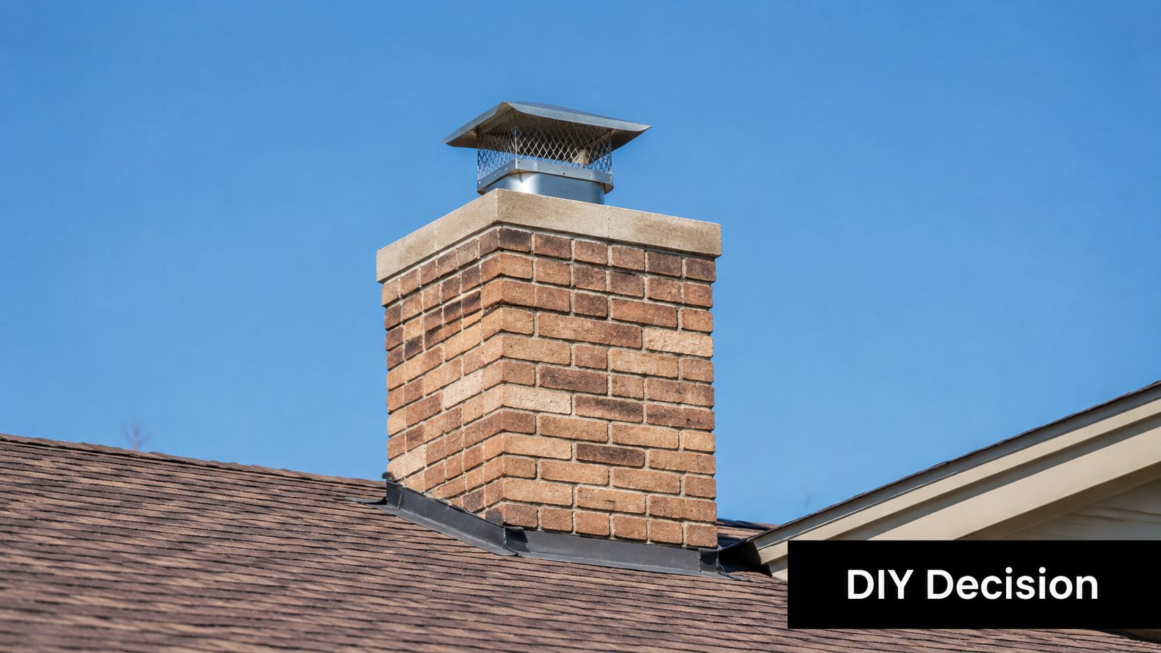 A close-up view of a brick chimney on a shingled roof with a metal chimney cap installed.