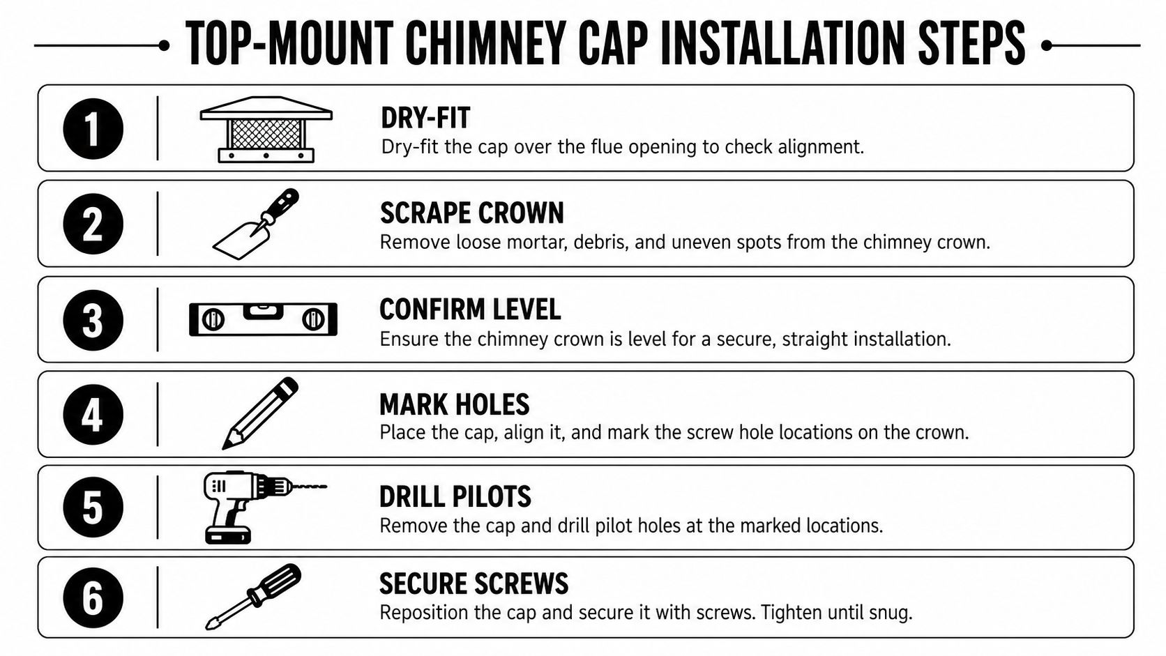 An instructional infographic detailing the six steps for installing a top-mount chimney cap on a house.