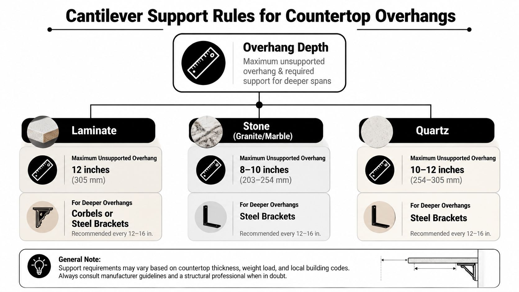 A chart showing maximum cantilever support rules and required bracket spacing for various countertop material types.