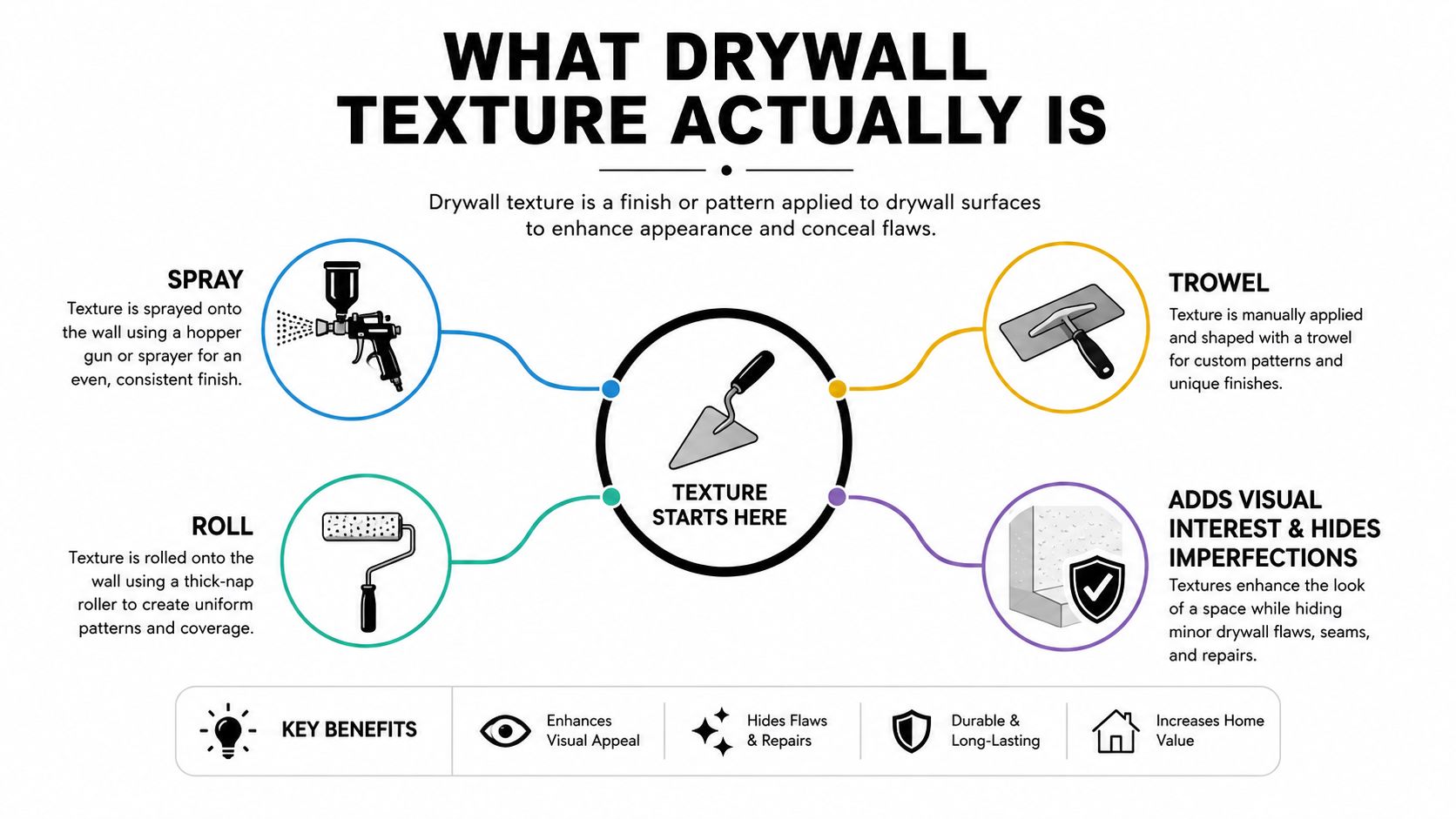 An infographic explaining drywall texture methods like spray, roll, and trowel application, plus key benefits for homes.
