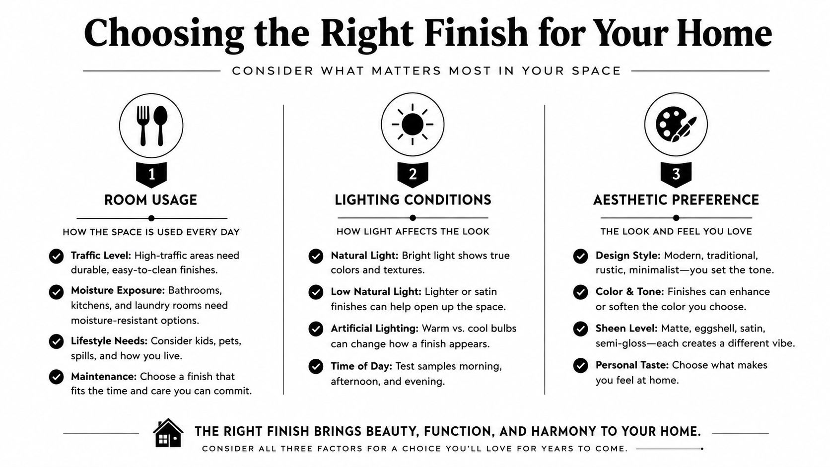 An infographic titled Choosing the Right Finish for Your Home, detailing factors for selecting wall finishes.