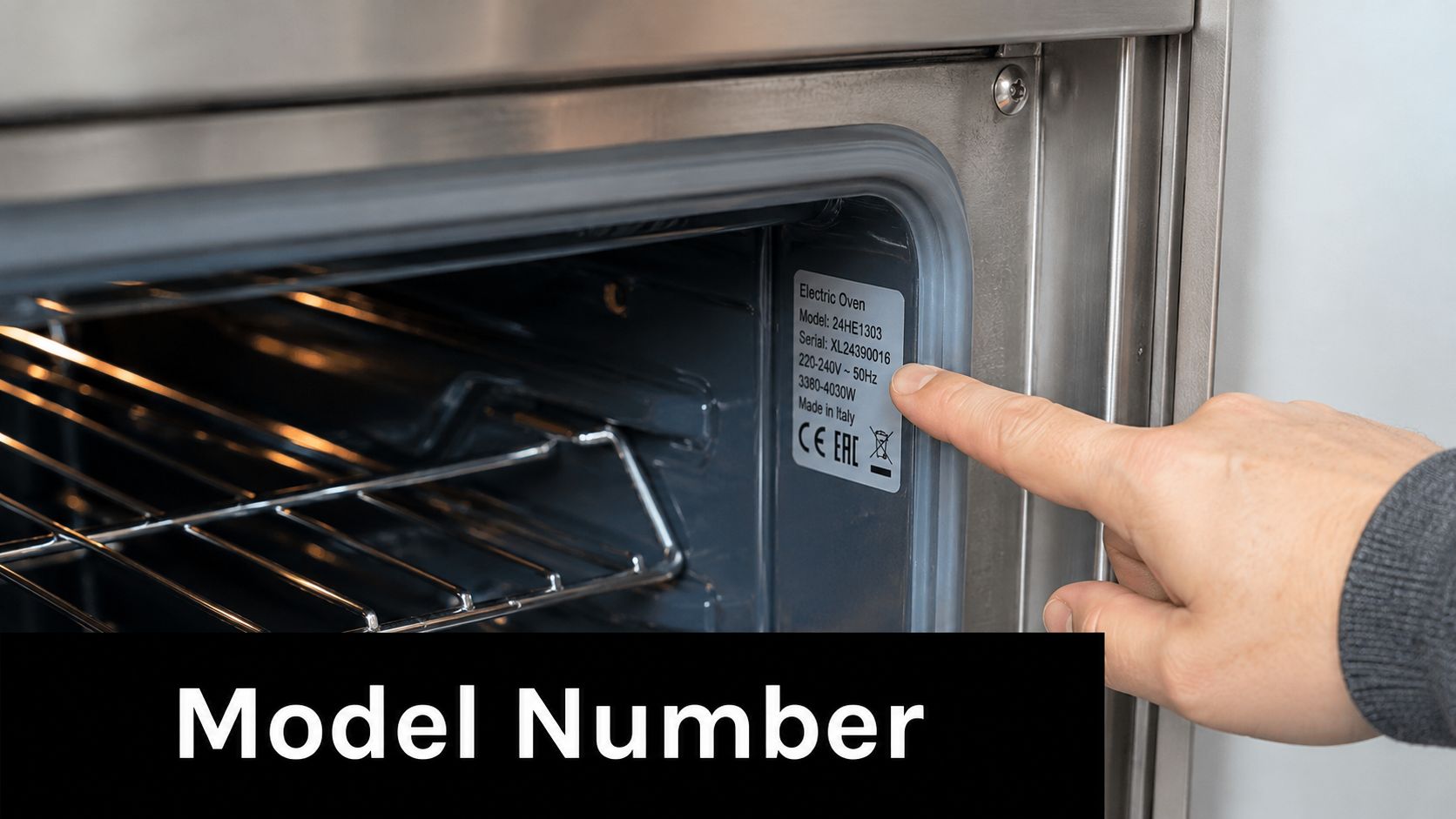 A close-up view of a person pointing at the model number label inside an electric oven.