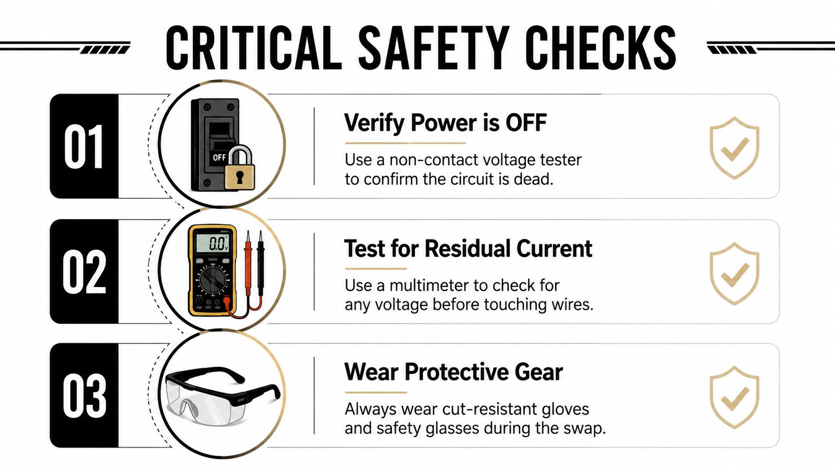 A safety infographic showing three essential steps to perform before starting a glass stove top replacement.