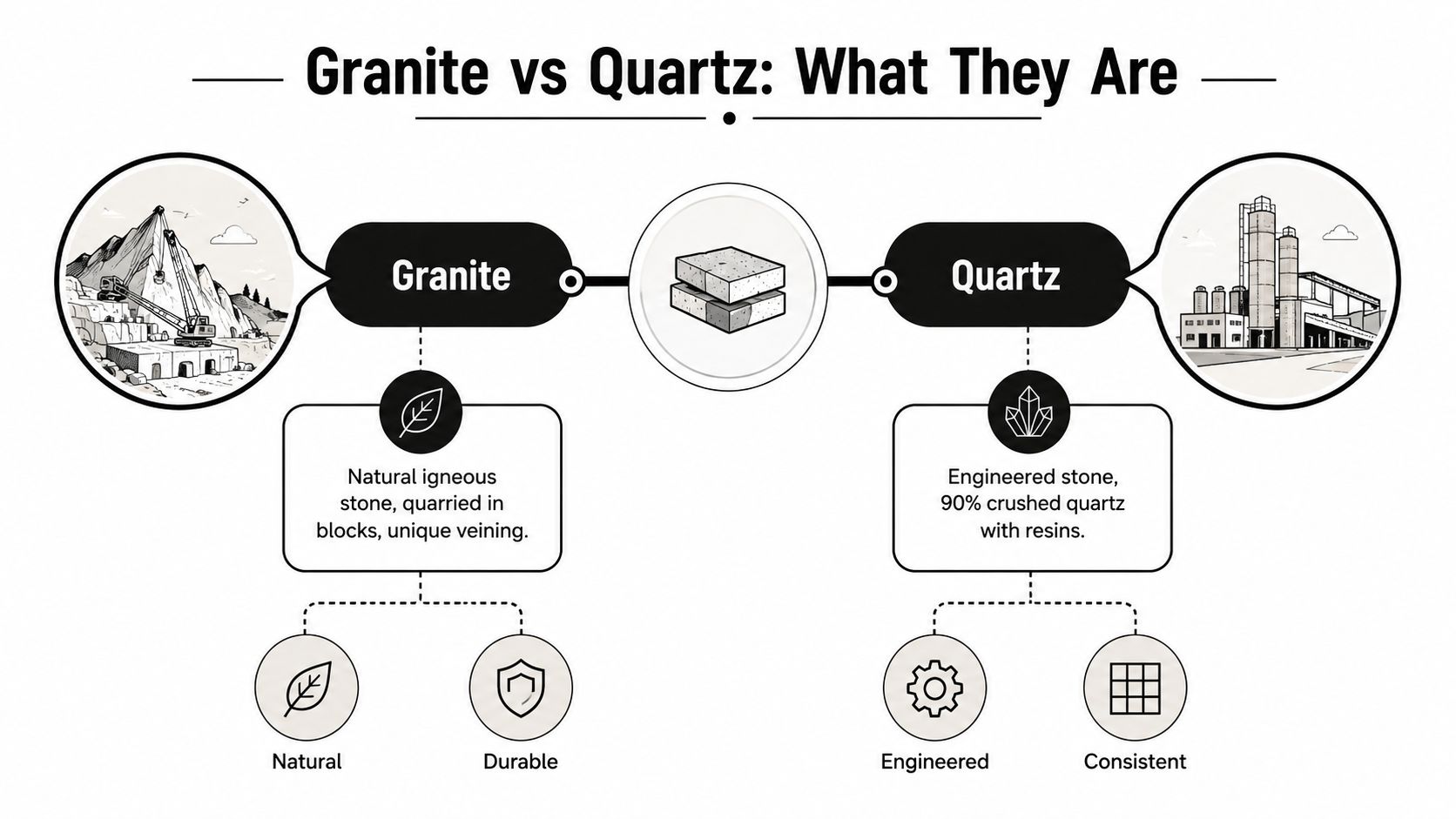 An infographic comparing granite and quartz, highlighting that granite is natural stone and quartz is engineered.