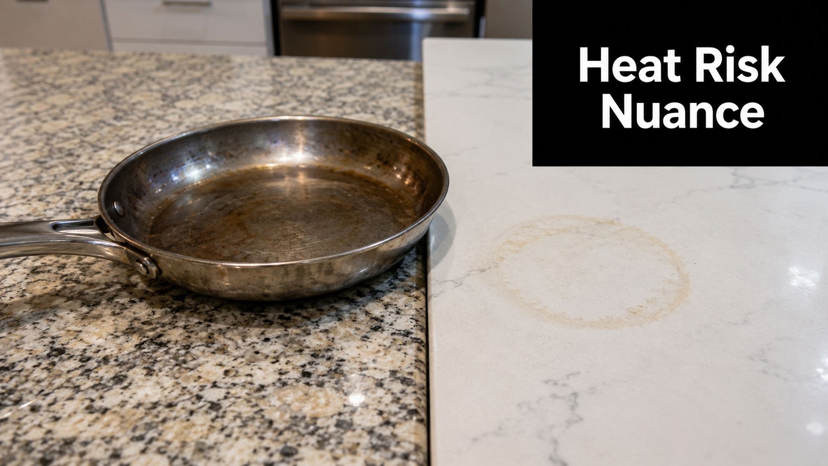 A metal frying pan placed on granite next to a quartz countertop with a heat burn mark.