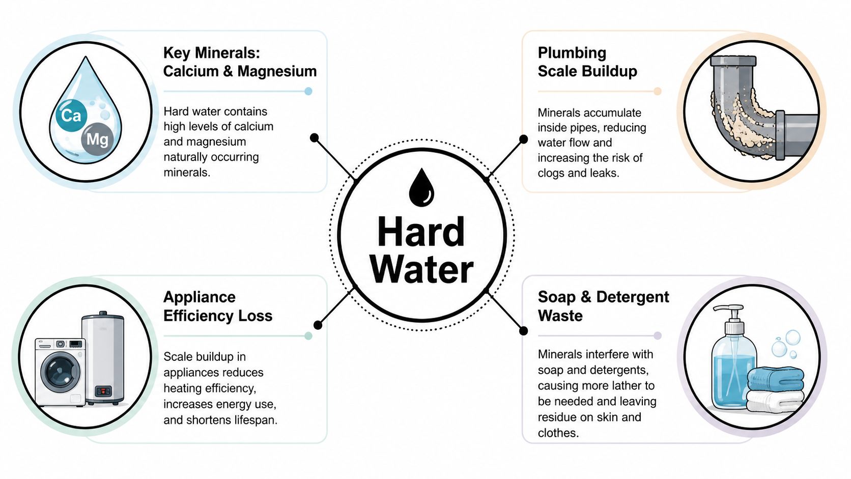 A diagram explaining the causes and negative impacts of hard water on plumbing, appliances, and cleaning products.