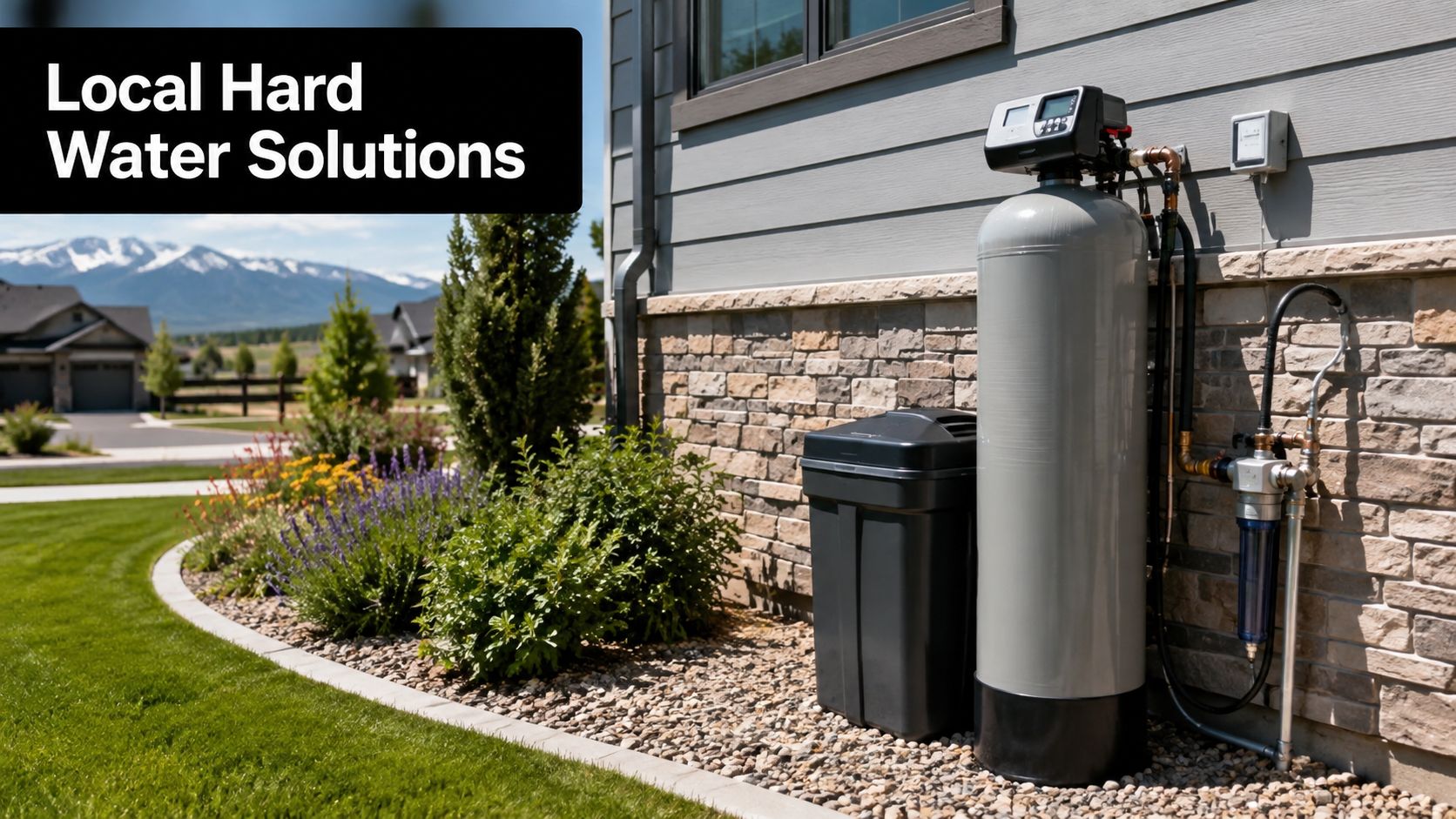 A professional residential water softening system installed on the side of a house with landscaping.