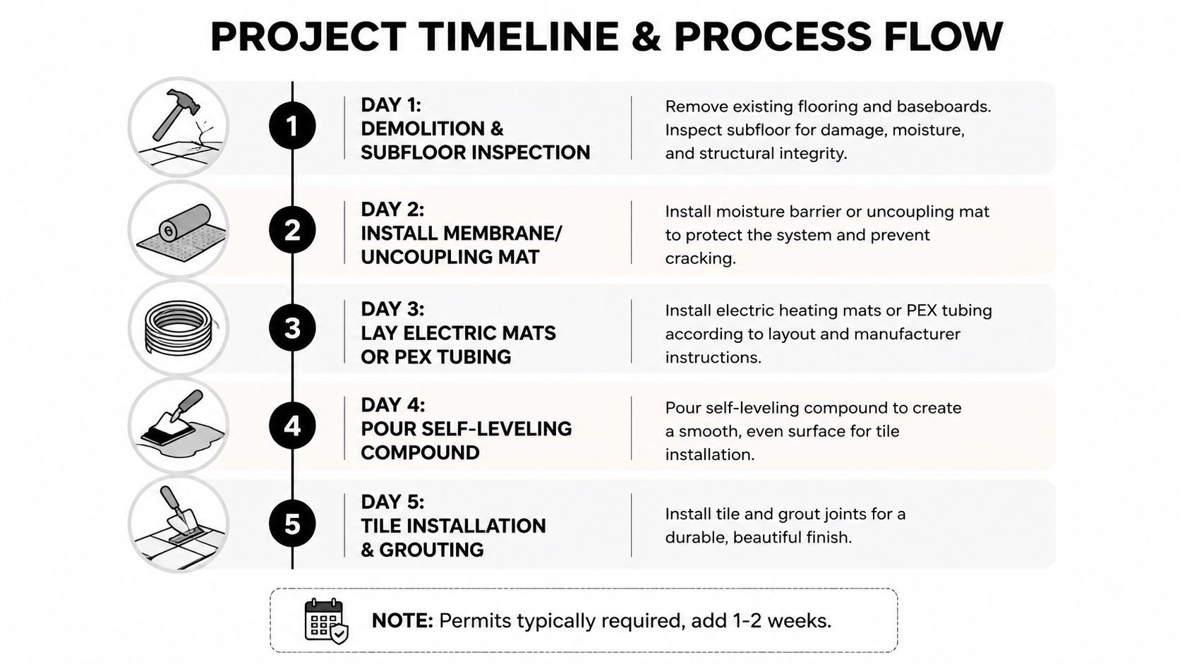 A five-day project timeline infographic detailing the installation process for a heated bathroom floor system.