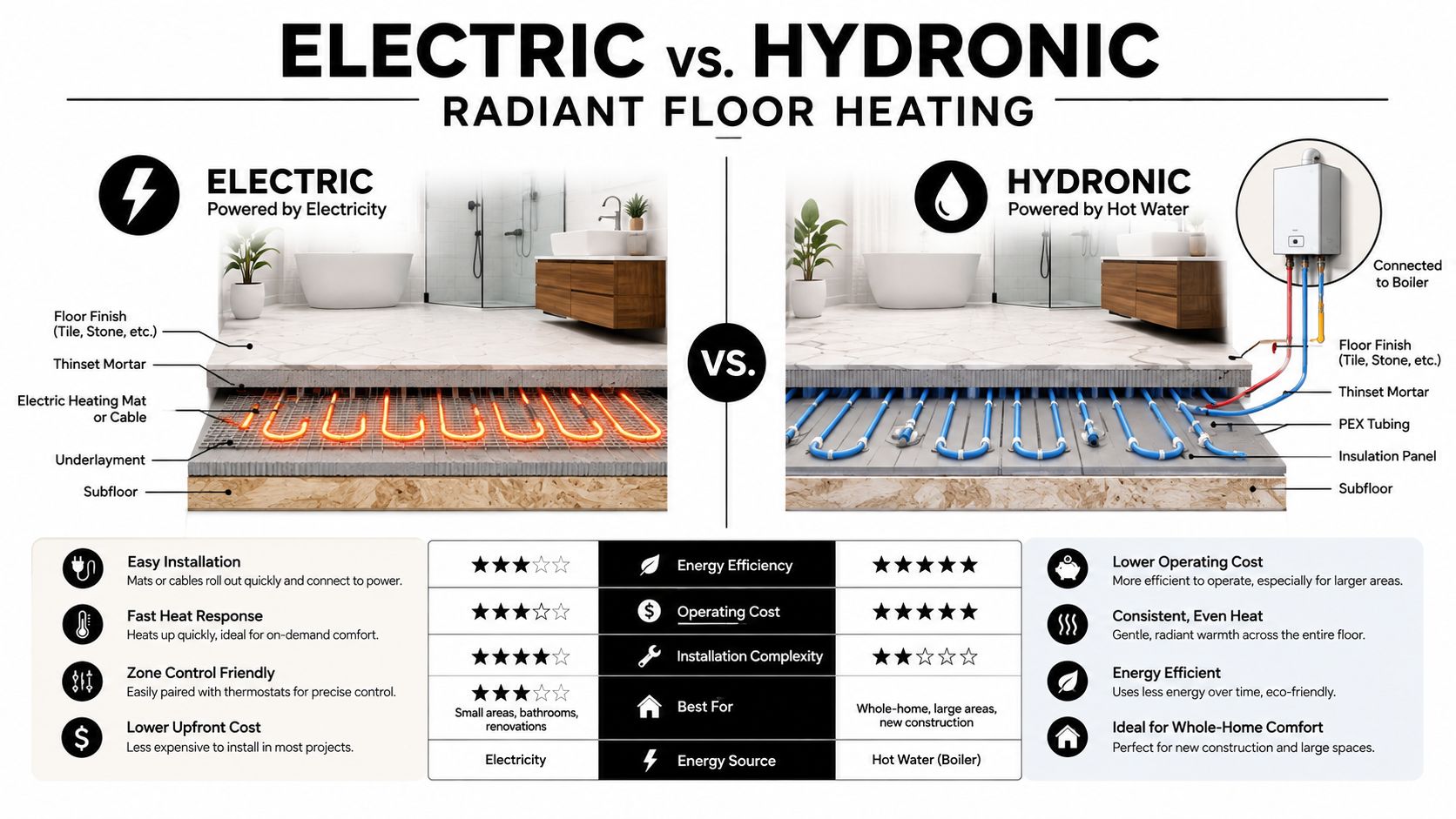 A comparison chart showing the differences between electric and hydronic radiant floor heating systems for home bathrooms.