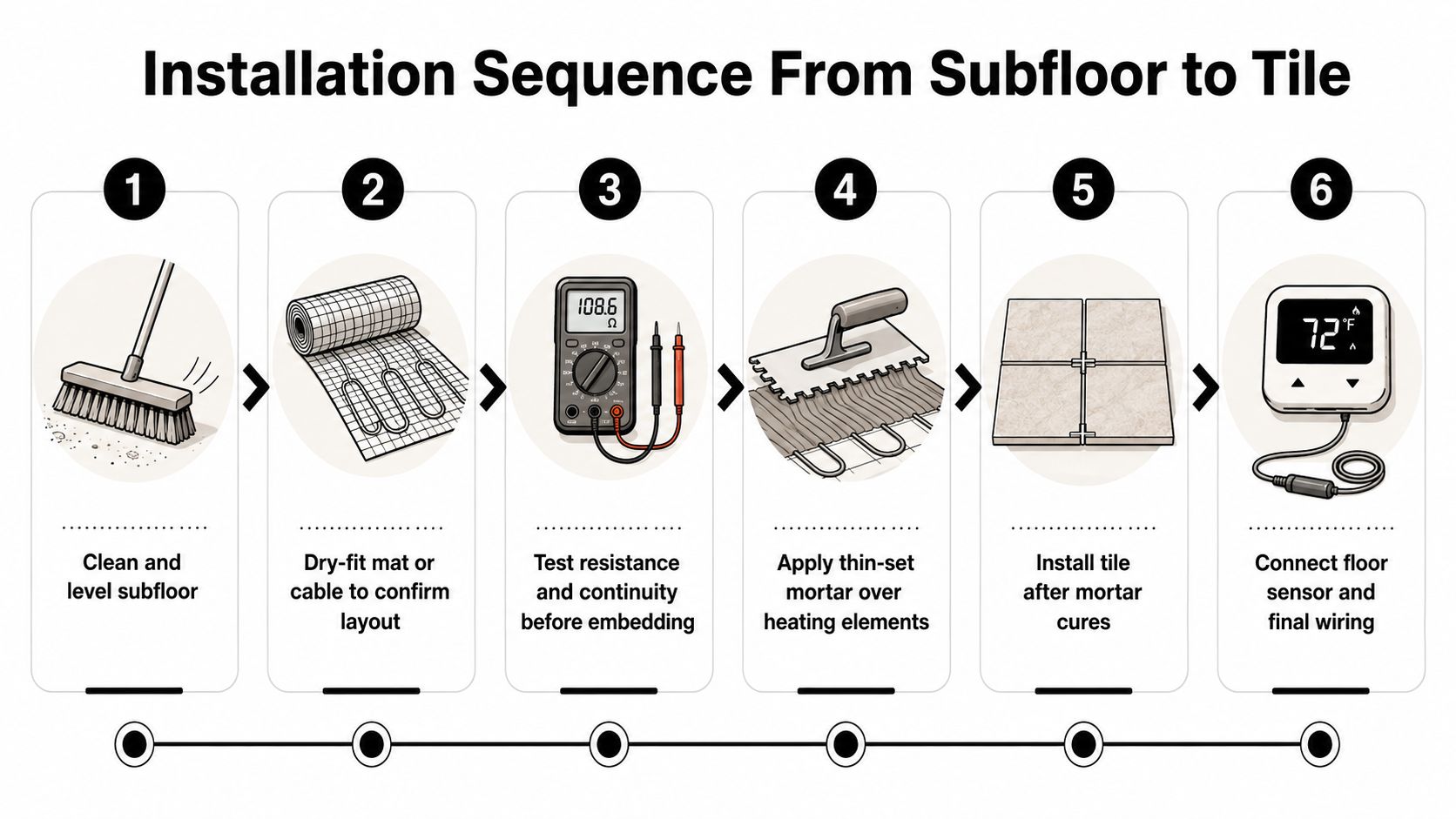 A step-by-step infographic illustrating the installation sequence for an electric heated bathroom floor system from subfloor to tiles.