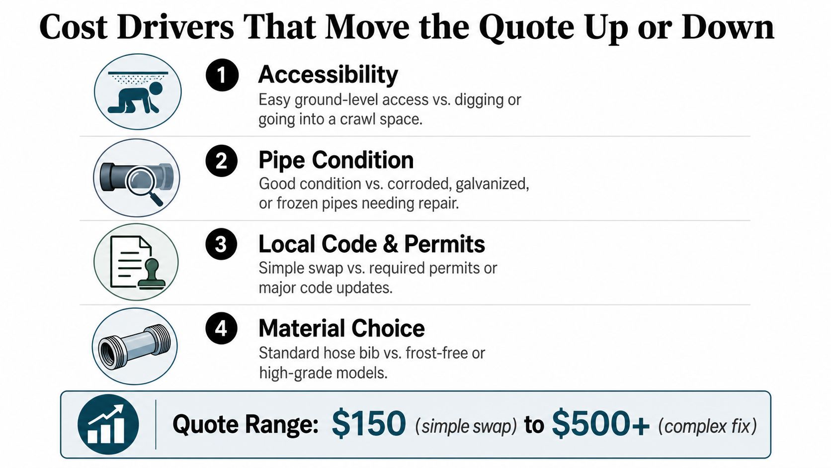 A graphic listing four key factors that influence the total cost of a hose bib replacement project.